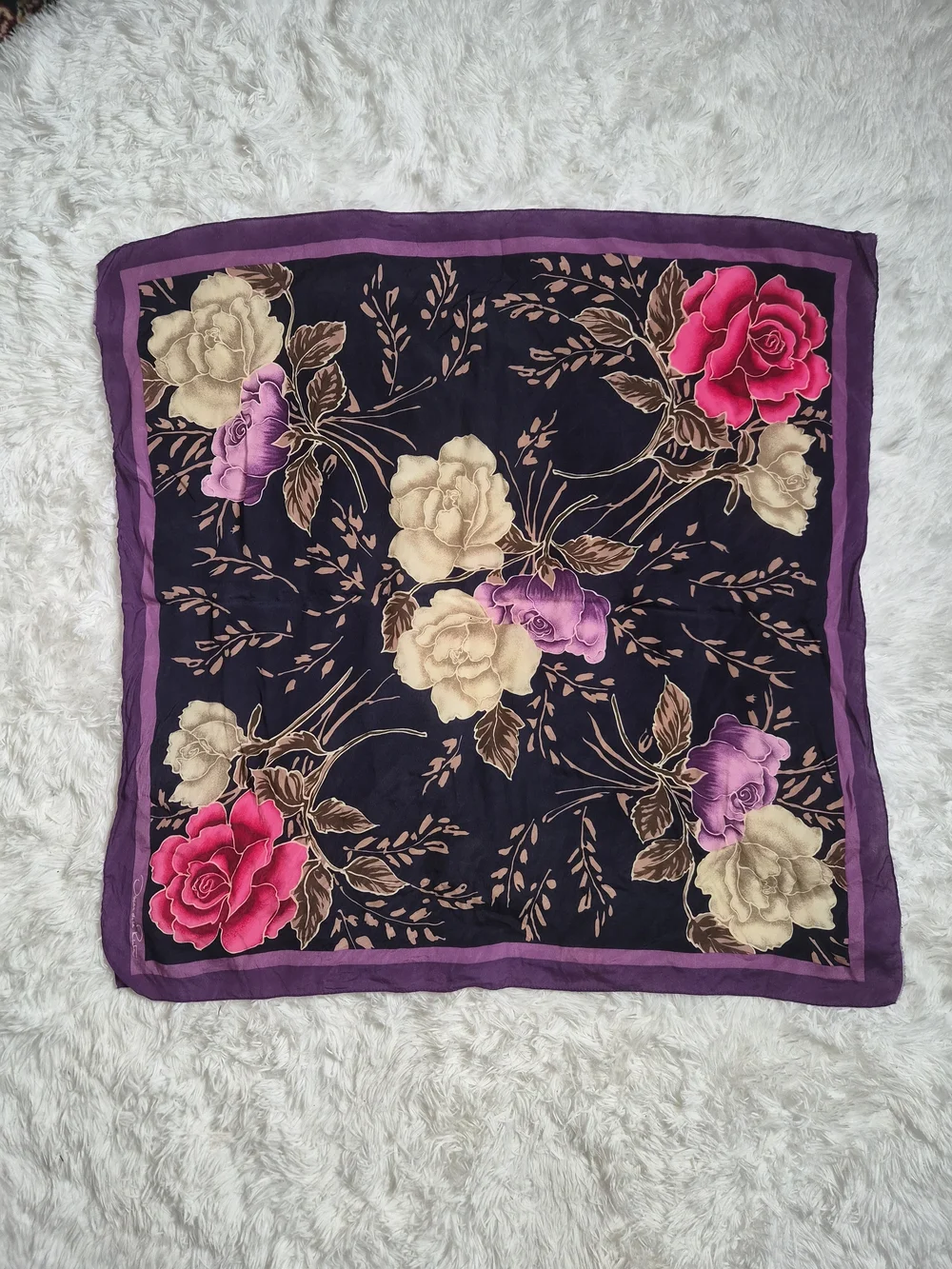 Womens Vintage Silk Scarf Oscar De La Renta Designer Purple Black Floral Print ✨